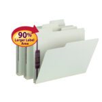 Four gray/green Smead SuperTab? Pressboard Fastener File Folders, feature oversized 1/3-cut tabs with a 90% Larger Label Area, allowing more labeling space. These letter-sized folders include 2 SafeSHIELD? fasteners for secure document storage and have a 2 expansion.