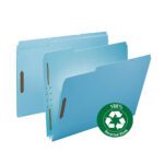 Three Smead 100% Recycled Pressboard Fastener File Folders, each featuring a 1/3-cut tab and a 2 expansion, are partially overlapping. A green circle with a white recycling symbol states 100% Recycled Stock on the lower right against a plain white background.