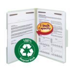 Discover the Smead 100% Recycled Pressboard Fastener File Folder, letter-size with a 1 expansion. Its gray/green design complements the recycling symbol, organizing while promoting sustainability with 100% recycled stock.