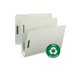 The Smead 100% Recycled Pressboard Fastener File Folders, letter size with 1/3-cut tabs and metal fasteners, come in gray/green with a 3 expansion. Sold in boxes of 25 (15005), these folders are perfect for eco-friendly organizing!.