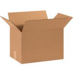 An open brown MH-USA 15 x 10 x 10 corrugated box with flaps extended outward is placed on a white background. This sturdy, empty box in great condition is perfect for packing or storage and comes in bundles of 25.