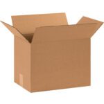 An open MH-USA 15 x 10 x 14 corrugated box from a bundle of 25, shown empty and in good condition with flaps extended outward against a white background, is ideal for packaging or storage.