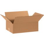 An MH-USA 15 x 10 x 5 flat corrugated box from a bundle of 25 sits open against a plain white background, its flaps extended outward, ready for the next shipment or storage task.