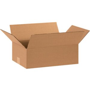 An MH-USA 15 x 10 x 5 flat corrugated box from a bundle of 25 sits open against a plain white background, its flaps extended outward, ready for the next shipment or storage task.