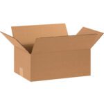 An open, empty MH-USA 15 x 10 x 6 Corrugated Box (25/Bundle) with flaps folded outward is displayed against a plain white background.