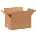 An open MH-USA 15 x 10 x 7 corrugated box (from the 25/bundle set) stands with its flaps upright against a plain white background, highlighting its robust brown corrugated texture.