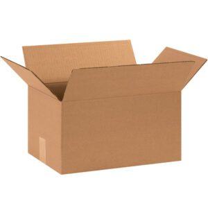 An open MH-USA 15 x 10 x 7 corrugated box (from the 25/bundle set) stands with its flaps upright against a plain white background, highlighting its robust brown corrugated texture.