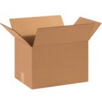 The open MH-USA 15 x 11 x 11 Corrugated Boxes in bundles of 25, with flaps spread outward, showcase their versatile and sturdy brown design against a plain white background, ideal for diverse storage needs.