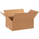 An MH-USA 15 x 11 x 6 corrugated box from the 25/bundle set rests with its flaps open, showcasing its durable brown interior against a plain white backdrop, ideal for packing needs.