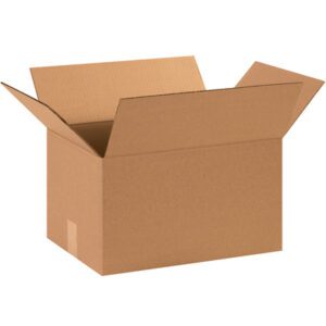 The MH-USA 15 x 11 x 8 Corrugated Box, part of a bundle of 25, is open with flaps extended outward. It rests on a white background, showcasing its plain brown exterior and empty interior, reflecting a simple design.