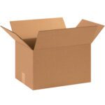 An open MH-USA 15 x 11 x 9 corrugated box with extended flaps is shown empty on a white background. Made of standard brown cardboard, its ideal for shipping and storage. Sold in bundles of 25 for versatile use.
