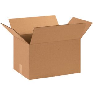 An open MH-USA 15 x 11 x 9 corrugated box with extended flaps is shown empty on a white background. Made of standard brown cardboard, its ideal for shipping and storage. Sold in bundles of 25 for versatile use.