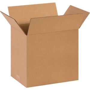 A brown cardboard box with extended flaps stands open on a white background; its part of the MH-USA 15 x 12 x 14 Corrugated Boxes (25/Bundle).