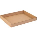 Displayed on a white background, the empty 15 x 12 x 1 3/4 Kraft Corrugated Tray is a flat, rectangular box with low sides. Made from brown cardboard with folded edges, its ideal for packaging or storage and sold in bundles of 50.