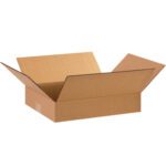 An open brown MH-USA 15 x 12 x 3 flat corrugated box with four extended flaps sits on a white background. These boxes are empty, sturdy, reliable packaging and moving solutions available in bundles of 25.