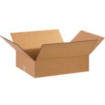 A large, open brown MH-USA 15 x 12 x 4 flat corrugated box with outward flaps is against a white background, appearing sturdy for packing or shipping. Its part of a convenient set of 25/bundle.