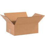 An open, empty MH-USA 15 x 12 x 5 flat corrugated box from a bundle of 25, with flaps extended outward, rests against a plain white background.