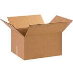 An open MH-USA 15 x 12 x 8 corrugated box with raised flaps reveals its spacious interior and a small rectangular label on the side. Displayed on a white background, this image showcases one of the boxes available in each bundle of 25.