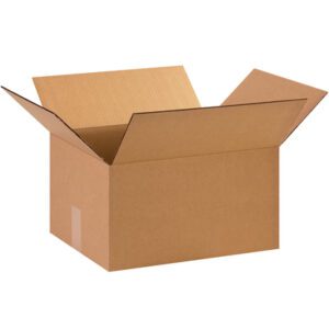 An open MH-USA 15 x 12 x 8 corrugated box with raised flaps reveals its spacious interior and a small rectangular label on the side. Displayed on a white background, this image showcases one of the boxes available in each bundle of 25.