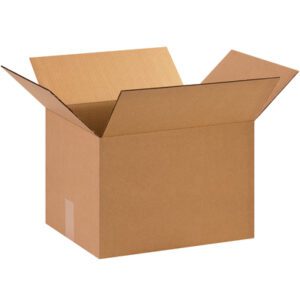 A brown MH-USA 15 x 13 x 12 corrugated box, part of a bundle of 25, sits open and empty against a plain white backdrop.