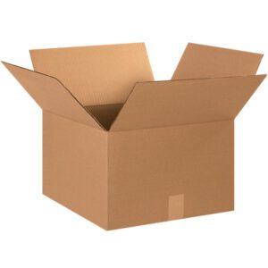 An open, empty MH-USA 15 x 15 x 10 corrugated box with outward spread flaps is set against a plain white background.