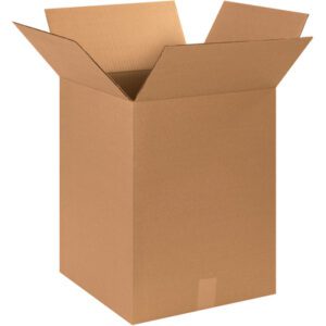 A large, open brown cardboard box with flaps extended outward looks like an MH-USA 15 x 15 x 20 corrugated box. The empty and new box has no visible markings on its exterior against a plain white background.