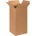 An upright, open MH-USA 15 x 15 x 30 Tall Corrugated Box with partially unfolded flaps is showcased empty against a pristine white background.