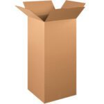 A tall MH-USA 15 x 15 x 36 corrugated box stands upright on a white background, flaps unfolded to reveal its empty interior. Its light brown and unmarked.