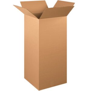 A tall MH-USA 15 x 15 x 36 corrugated box stands upright on a white background, flaps unfolded to reveal its empty interior. Its light brown and unmarked.