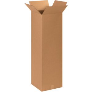 The MH-USA 15 x 15 x 48 tall corrugated box, in light brown, stands upright with slightly angled top flaps on a plain white background. Sold in bundles of 10, it’s ideal for securely packing various items.