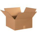 An empty, new brown MH-USA 15 x 15 x 8 corrugated box with open flaps stands against a white background.