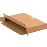 A partially open MH-USA 15 x 2 x 9 side loading box, designed for slim item packaging with corrugated edges and outward flaps, rests on a white background. Its sold in convenient bundles of 25 for efficient storage.