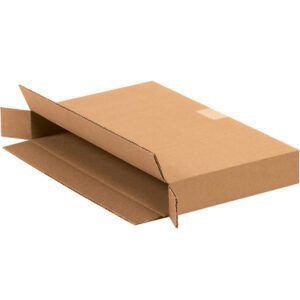 A partially open MH-USA 15 x 2 x 9 side loading box, designed for slim item packaging with corrugated edges and outward flaps, rests on a white background. Its sold in convenient bundles of 25 for efficient storage.
