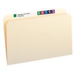 A beige, legal-size Smead file folder, straight-cut with numbered tabs in red, green, purple, and black. Labeled Acherman, John & Mary, address 1469 Walnut St NW, slightly open with a top tab. Ideal for organization; available in 100 per box (15300).