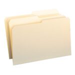 Three Smead File Folders, 1/2-Cut Tab, Legal Size, in Manila color are slightly fanned out on a white background. Available in boxes of 100 (15320), they perfectly complement their matching counterparts.