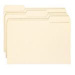 Four Smead File Folders in manila color, each with a 1/3-cut tab for labeling, are elegantly staggered against a white background. These legal-sized folders (15330) boast a classic and simple design.