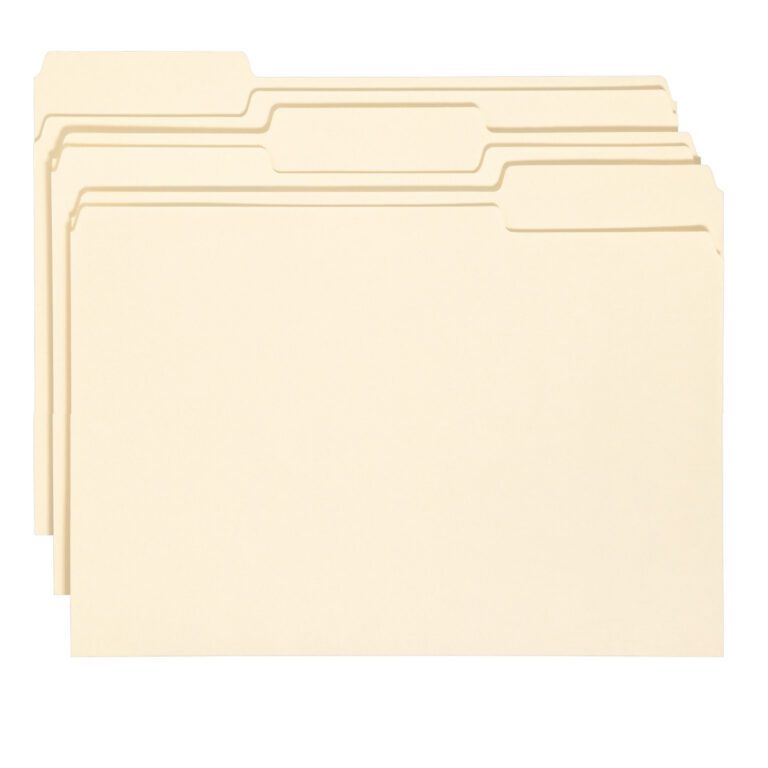 Four Smead File Folders in manila color, each with a 1/3-cut tab for labeling, are elegantly staggered against a white background. These legal-sized folders (15330) boast a classic and simple design.