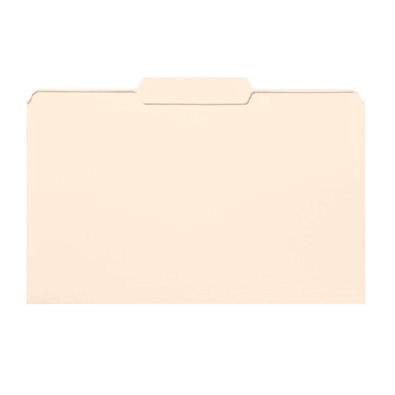 A Manila, legal-size folder with a top-center 1/3-cut tab is displayed on a white background. Part of the Smead File Folders collection, it comes in boxes of 100 (15332).