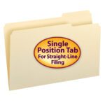The Smead Manila Folder (15333) features a 1/3-cut tab in the right position, legal size, and is perfect for straight-line filing. Available in beige with single tabs, it comes with a large oval sticker stating Single Position Tab For Straight-Line Filing in purple and brown text. Sold as 100 per box.