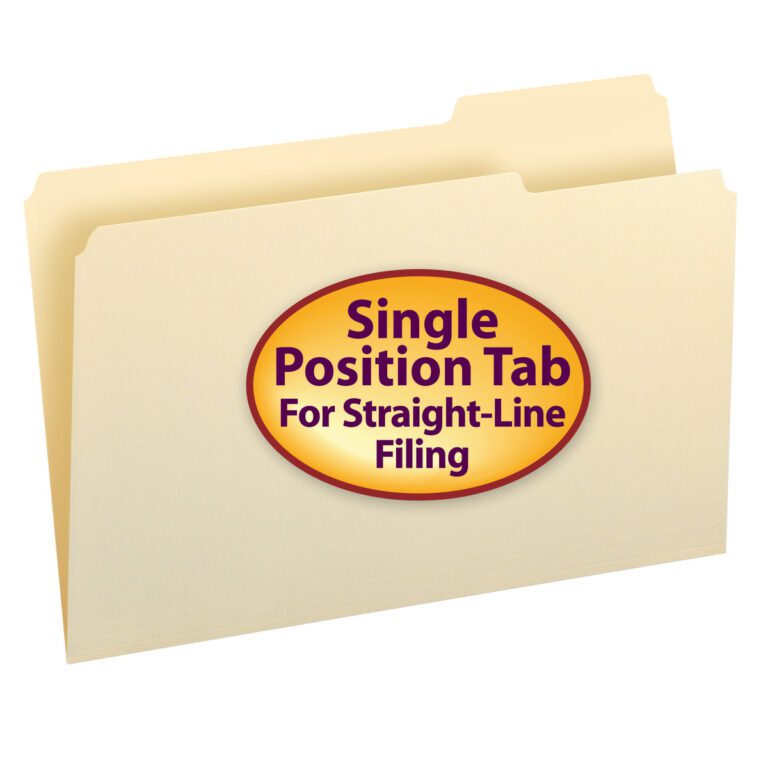 15333_C1.jpg The Smead Manila Folder (15333) features a 1/3-cut tab in the right position, legal size, and is perfect for straight-line filing. Available in beige with single tabs, it comes with a large oval sticker stating Single Position Tab For Straight-Line Filing in purple and brown text. Sold as 100 per box.
