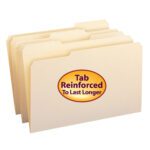 Four manila Smead file folders with reinforced 1/3-cut tabs slightly overlap, each featuring a large oval sticker reading Tab Reinforced To Last Longer in purple on orange. These durable legal-size folders are available 100 per box (15334).