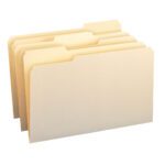 Five durable Smead File Folders in legal size manila are upright and fanned out. Featuring 1/3-cut tabs for easy labeling, they appear empty against a white background. These folders, made from 100% recycled materials, are perfect for documents and come in boxes of 100 (15339).