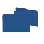 Two Smead Reversible File Folders, 1/2-Cut Tab design, and legal size in navy against a white background, with tabbed edges and pre-printed labeling lines.