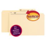 The Smead Reversible File Folder with Antimicrobial Protection features labeled tabs visible on both sides, perfect for organizing. The legal-size beige folders come 100 per box (15377), and a red and yellow arrow highlights the double-sided printed tabs feature.