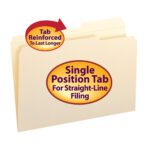 The Smead File Folder (15386) in manila, featuring a reinforced 2/5-cut tab right position and a single position tab for straight-line filing, is enhanced with a red circular graphic and arrow, ensuring durability.