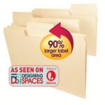 Image of three Smead SuperTab Heavyweight File Folders, legal size with oversized 1/3-cut tabs in beige. A red/yellow label states 90% larger label area, and a badge reads As Seen On Designing Spaces, featuring the Lifetime logo.