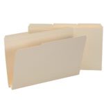 Two Smead File Folders, Manila and legal-sized (15405), are set against a white backdrop. One folder stands upright while the other leans, both featuring reinforced 1/3-cut tabs for easy labeling. They offer a 1-1/2 expansion and come in boxes of 50, perfect for organized storage.