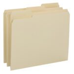 Three Smead File Folders with reinforced 1/3-cut tabs and classic Manila design stand upright, slightly overlapping, against a white background.