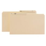 The Smead Reversible Heavyweight File Folder, Manila, legal size, with 1/2-cut right printed tabs for labeling (e.g., Name, No.), is shown upright and slightly overlapping against a white background. Sold as a set of 100 per box (15445).