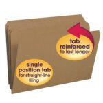Image of Smead File Folder, legal size, with right-side tab. Text bubbles: Reinforced tab for durability and single position tab for straight-line filing. Available in 100 per box (15710).